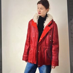 Red Leather Shearling lined coat vintage hooded anorak parka
